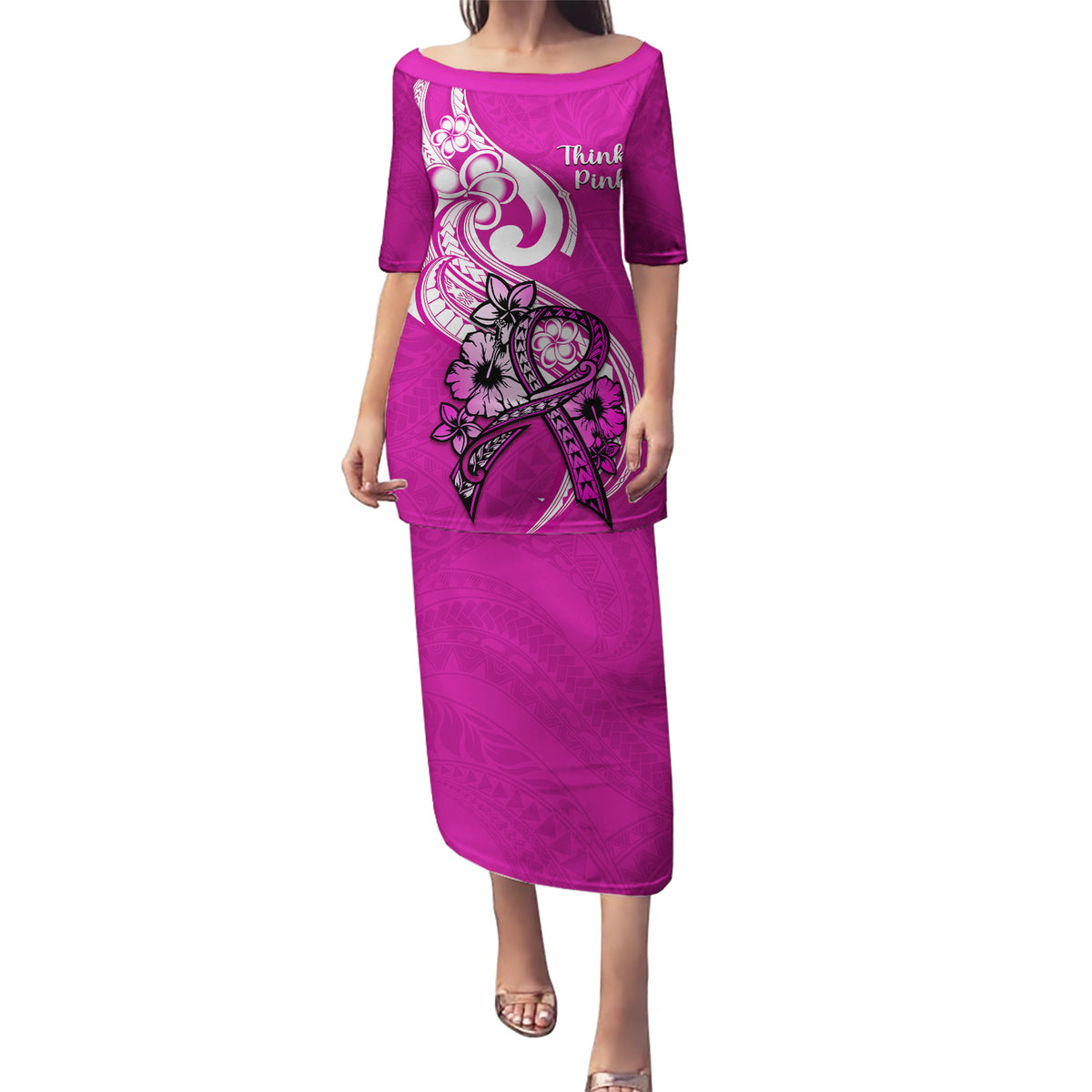 Personalised Polynesia Breast Cancer Awareness Puletasi Think Pink Polynesian Ribbon White Version - Wonder Print Shop