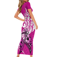 Personalised Polynesia Breast Cancer Awareness Short Sleeve Bodycon Dress Think Pink Polynesian Ribbon White Version - Wonder Print Shop
