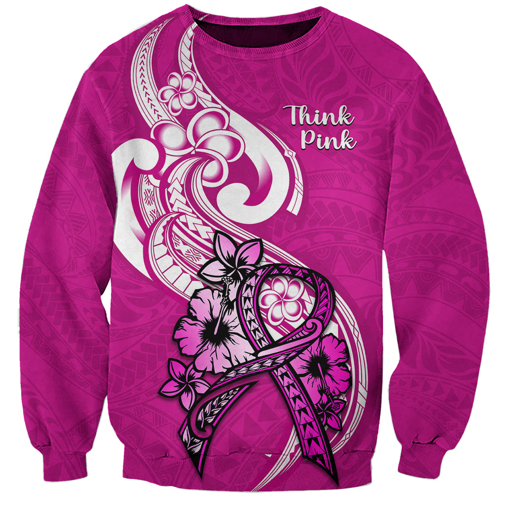 Personalised Polynesia Breast Cancer Awareness Sweatshirt Think Pink Polynesian Ribbon White Version - Wonder Print Shop