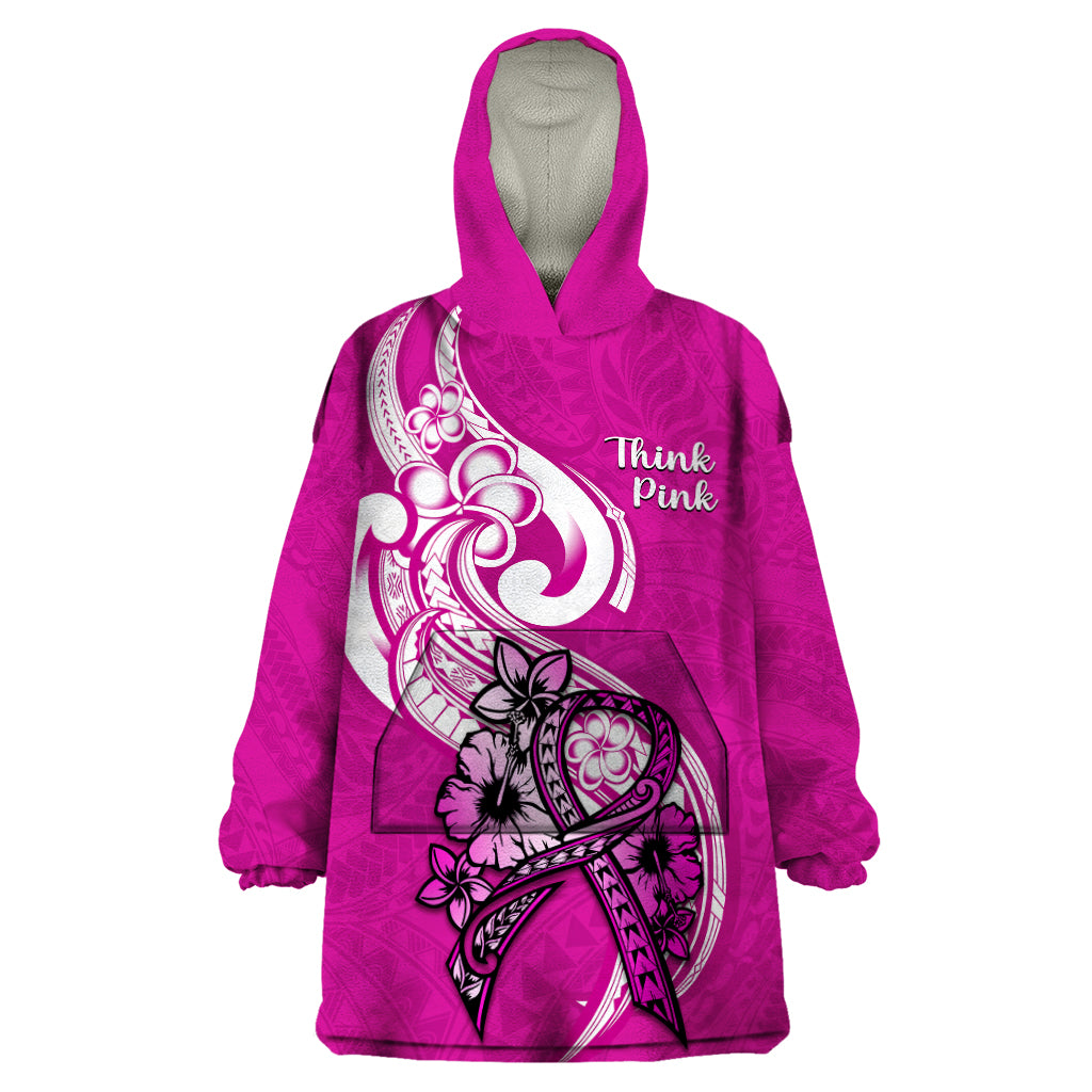 Personalised Polynesia Breast Cancer Awareness Wearable Blanket Hoodie Think Pink Polynesian Ribbon White Version - Wonder Print Shop