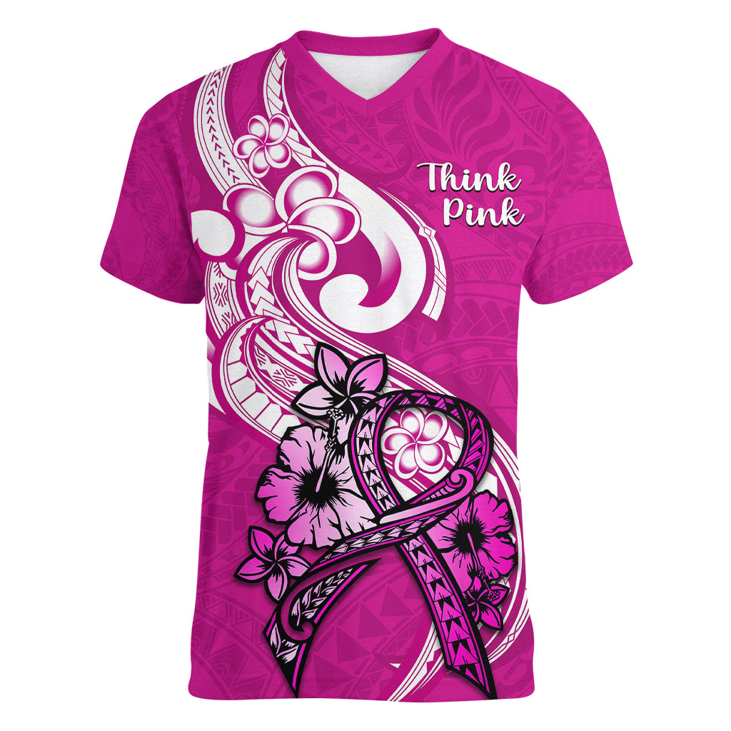 Personalised Polynesia Breast Cancer Awareness Women V Neck T Shirt Think Pink Polynesian Ribbon White Version - Wonder Print Shop