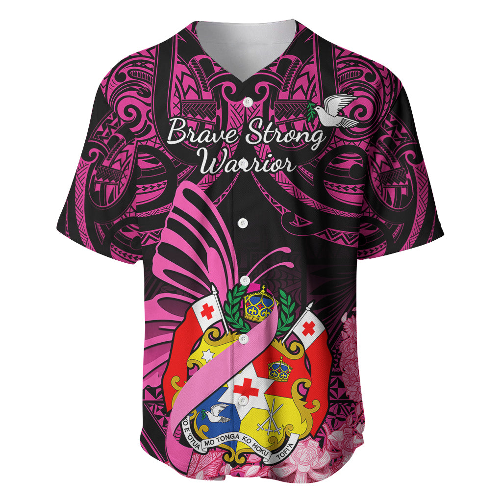 Presonalised Tonga Breast Cancer Awareness Baseball Jersey Pink Ribbon Brave Strong Warrior Tongan Ngatu Pattern - Wonder Print Shop