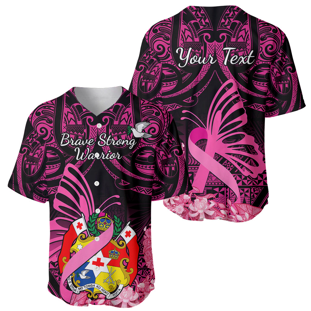 Presonalised Tonga Breast Cancer Awareness Baseball Jersey Pink Ribbon Brave Strong Warrior Tongan Ngatu Pattern - Wonder Print Shop