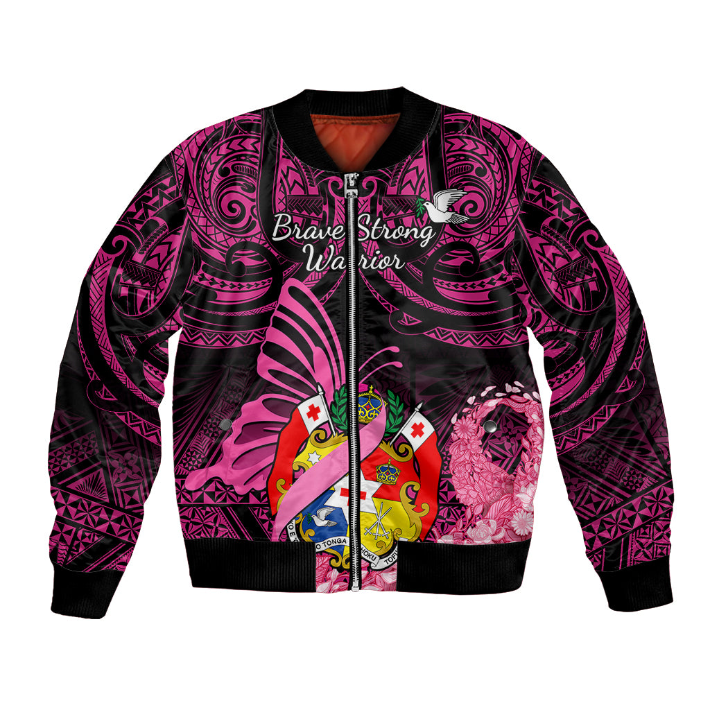 Presonalised Tonga Breast Cancer Awareness Bomber Jacket Pink Ribbon Brave Strong Warrior Tongan Ngatu Pattern - Wonder Print Shop