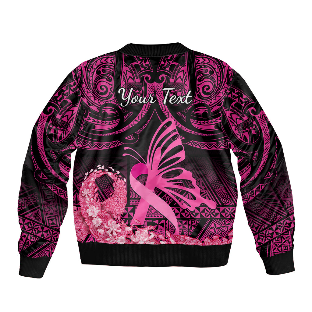 Presonalised Tonga Breast Cancer Awareness Bomber Jacket Pink Ribbon Brave Strong Warrior Tongan Ngatu Pattern - Wonder Print Shop