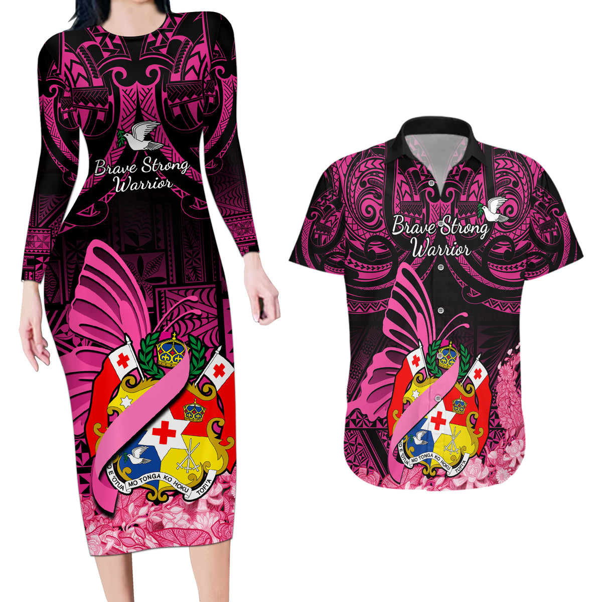 Presonalised Tonga Breast Cancer Awareness Couples Matching Long Sleeve Bodycon Dress and Hawaiian Shirt Pink Ribbon Brave Strong Warrior Tongan Ngatu Pattern - Wonder Print Shop