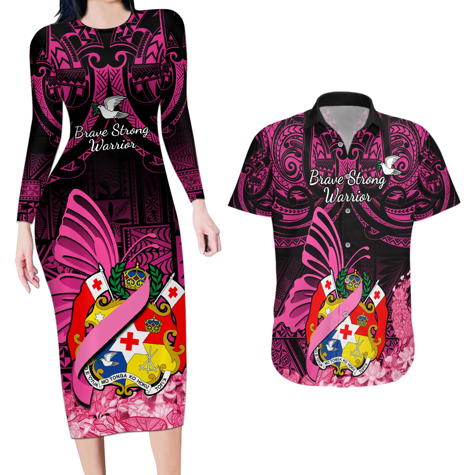 Presonalised Tonga Breast Cancer Awareness Couples Matching Long Sleeve Bodycon Dress and Hawaiian Shirt Pink Ribbon Brave Strong Warrior Tongan Ngatu Pattern - Wonder Print Shop