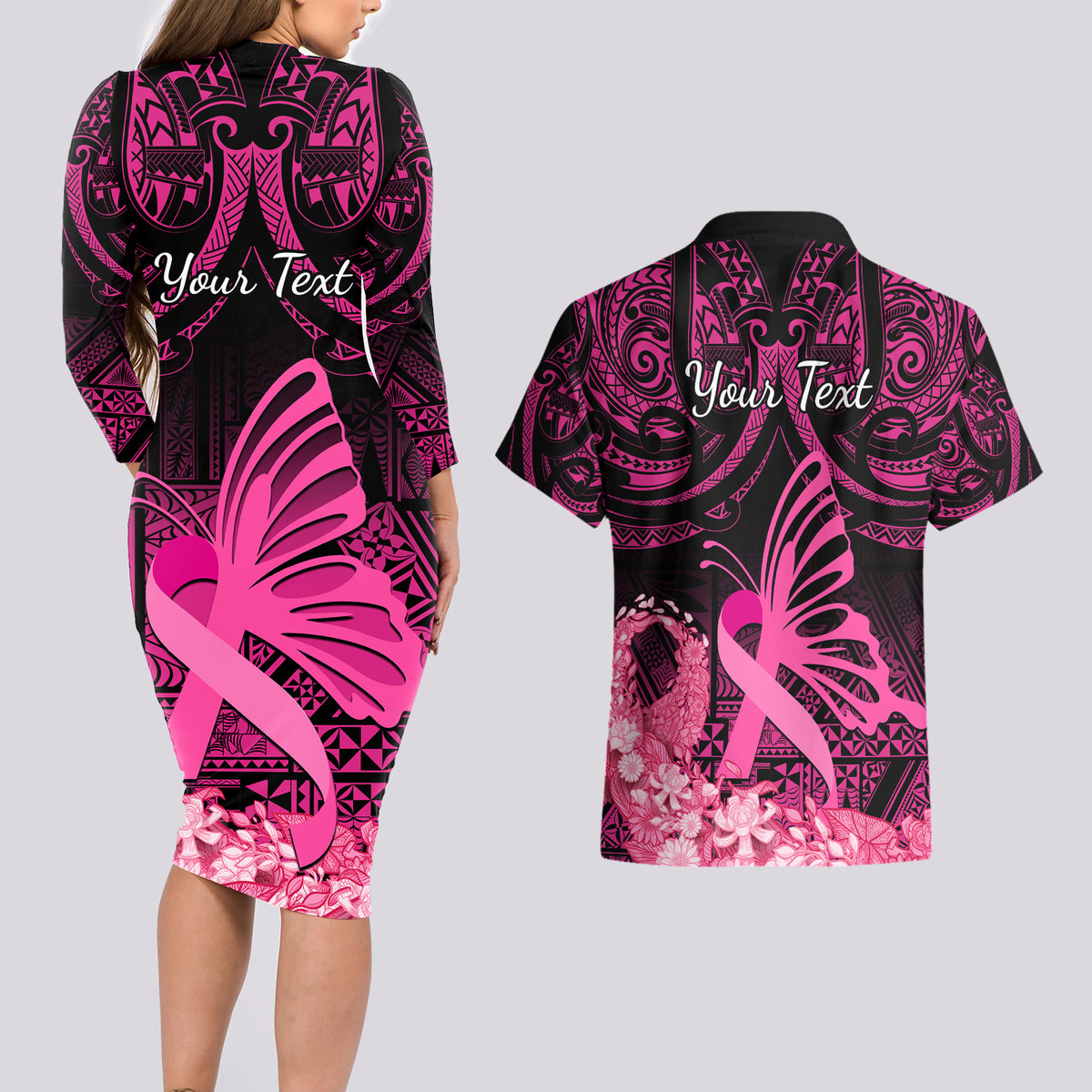 Presonalised Tonga Breast Cancer Awareness Couples Matching Long Sleeve Bodycon Dress and Hawaiian Shirt Pink Ribbon Brave Strong Warrior Tongan Ngatu Pattern - Wonder Print Shop