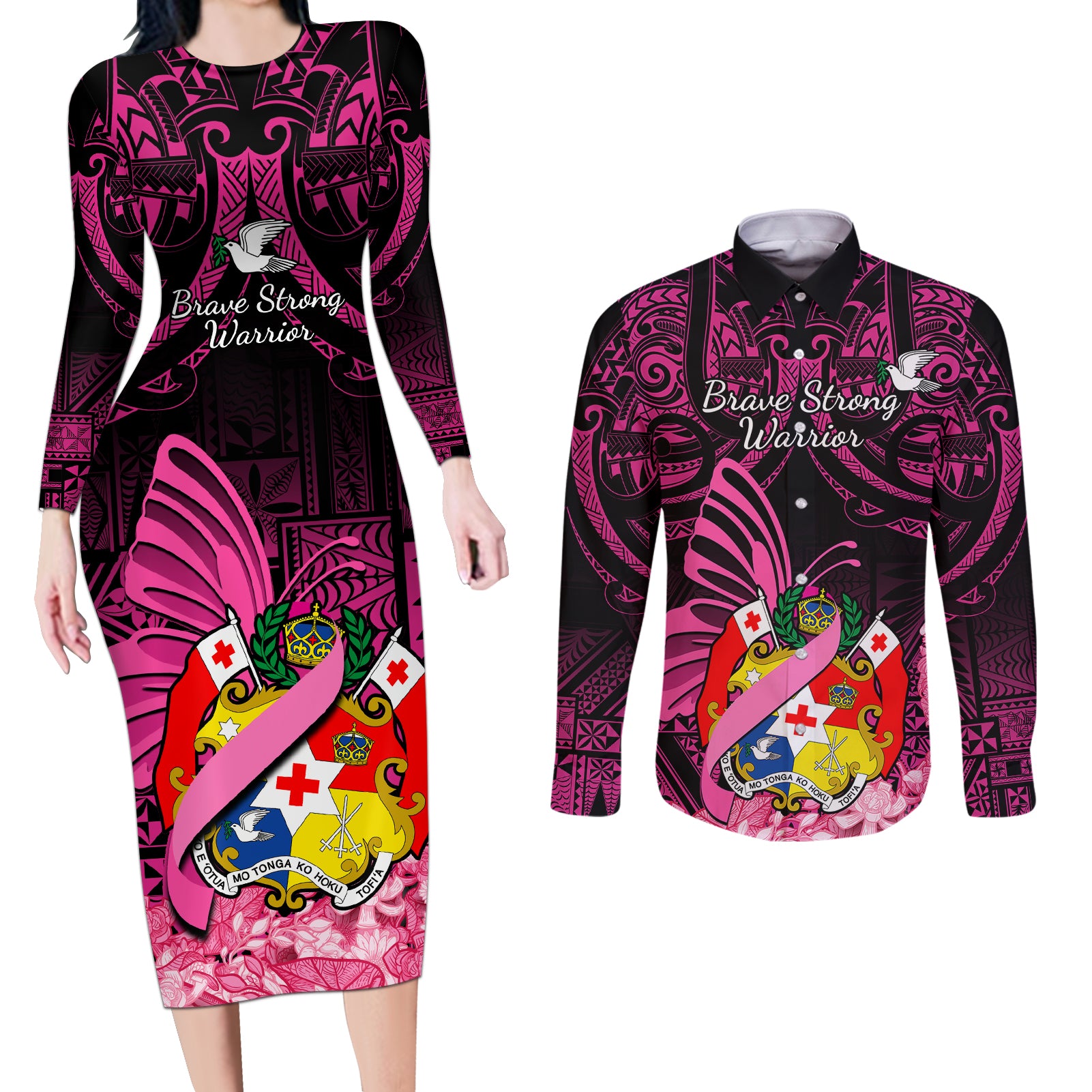 Presonalised Tonga Breast Cancer Awareness Couples Matching Long Sleeve Bodycon Dress and Long Sleeve Button Shirts Pink Ribbon Brave Strong Warrior Tongan Ngatu Pattern - Wonder Print Shop