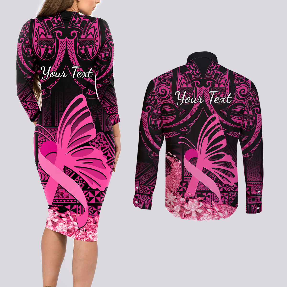 Presonalised Tonga Breast Cancer Awareness Couples Matching Long Sleeve Bodycon Dress and Long Sleeve Button Shirts Pink Ribbon Brave Strong Warrior Tongan Ngatu Pattern - Wonder Print Shop