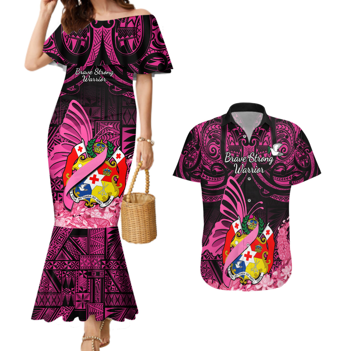 Presonalised Tonga Breast Cancer Awareness Couples Matching Mermaid Dress and Hawaiian Shirt Pink Ribbon Brave Strong Warrior Tongan Ngatu Pattern - Wonder Print Shop