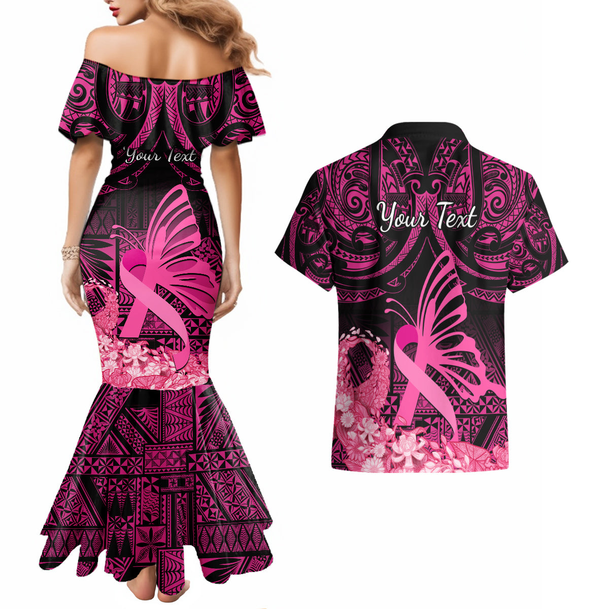 Presonalised Tonga Breast Cancer Awareness Couples Matching Mermaid Dress and Hawaiian Shirt Pink Ribbon Brave Strong Warrior Tongan Ngatu Pattern - Wonder Print Shop