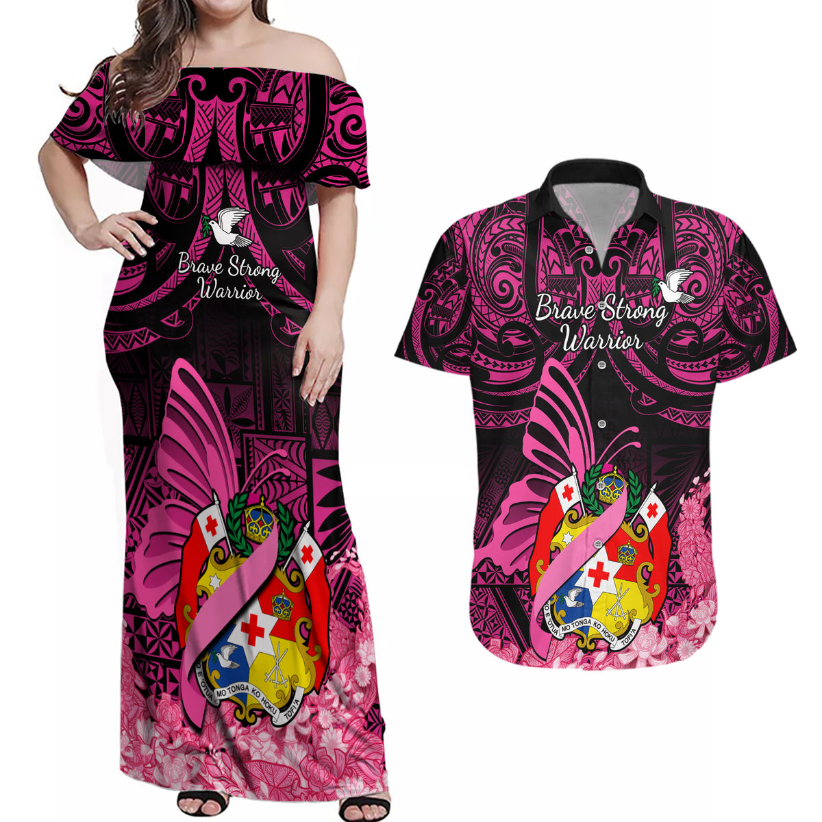 Presonalised Tonga Breast Cancer Awareness Couples Matching Off Shoulder Maxi Dress and Hawaiian Shirt Pink Ribbon Brave Strong Warrior Tongan Ngatu Pattern - Wonder Print Shop