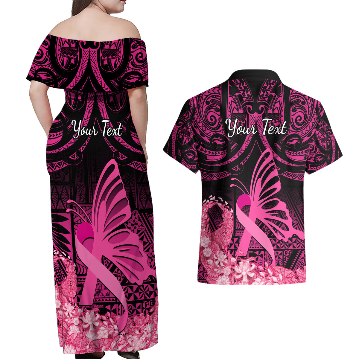 Presonalised Tonga Breast Cancer Awareness Couples Matching Off Shoulder Maxi Dress and Hawaiian Shirt Pink Ribbon Brave Strong Warrior Tongan Ngatu Pattern - Wonder Print Shop