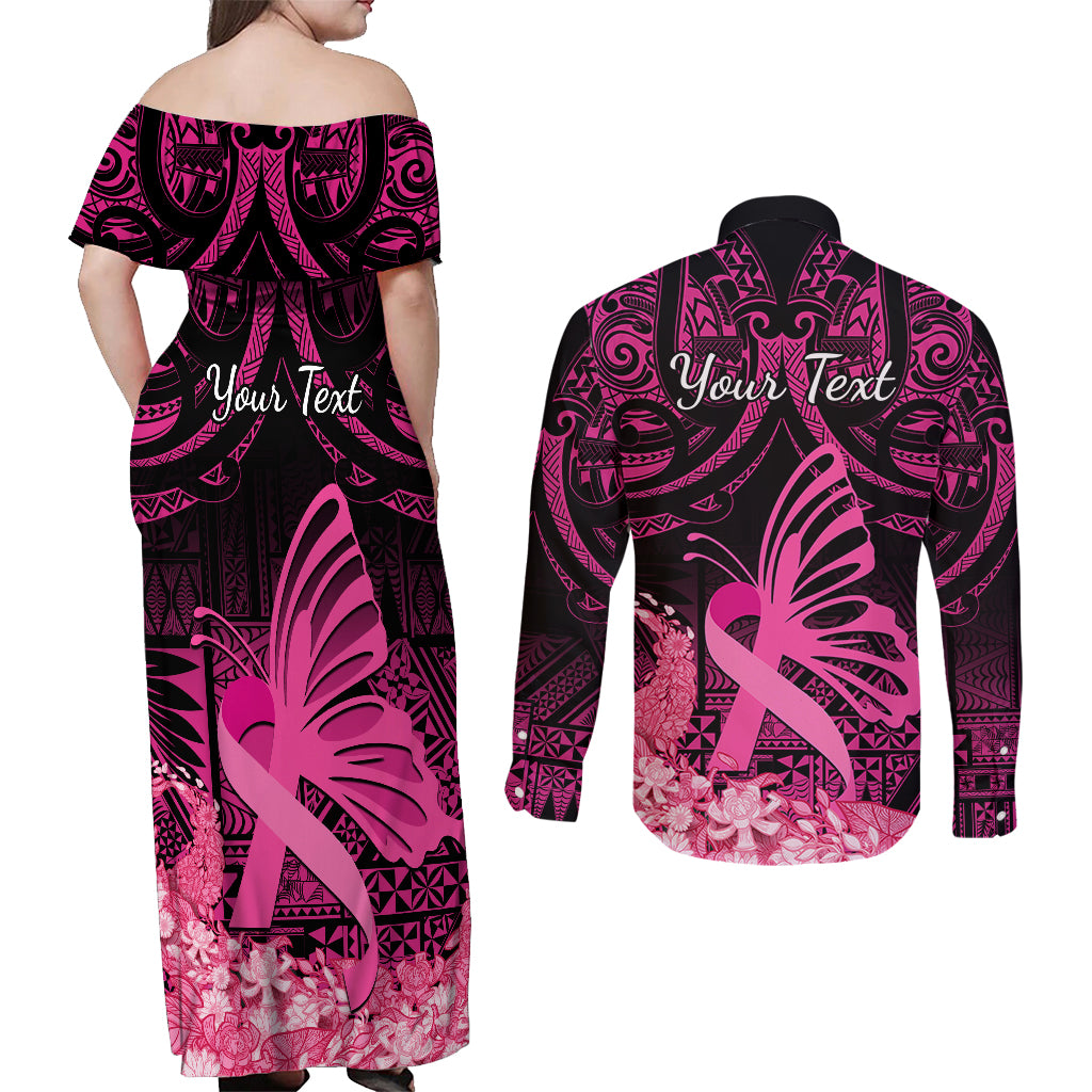 Presonalised Tonga Breast Cancer Awareness Couples Matching Off Shoulder Maxi Dress and Long Sleeve Button Shirts Pink Ribbon Brave Strong Warrior Tongan Ngatu Pattern - Wonder Print Shop