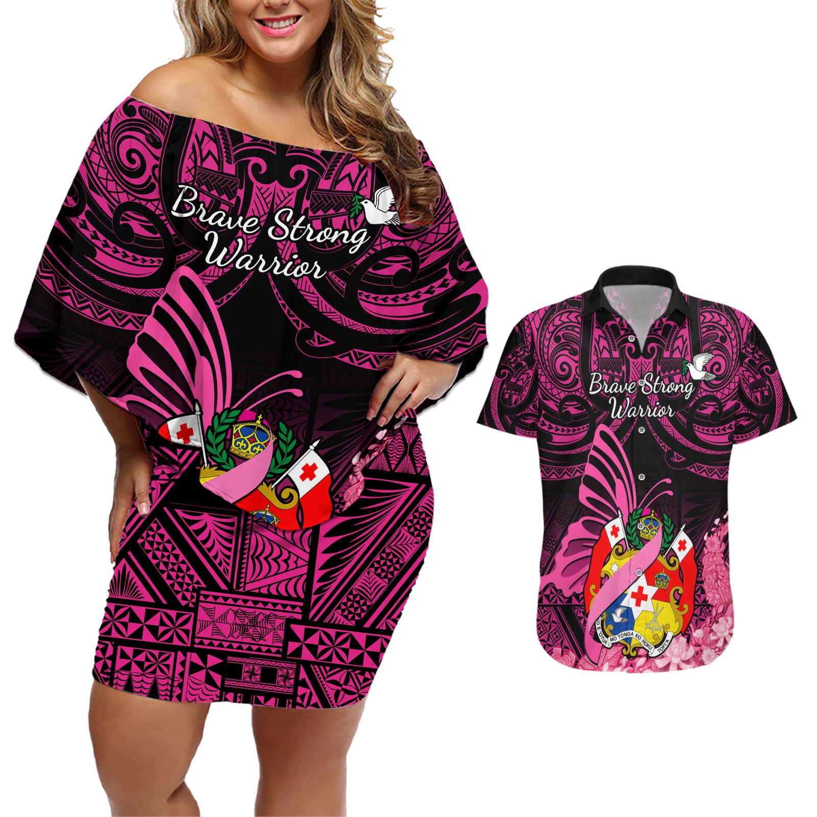 Presonalised Tonga Breast Cancer Awareness Couples Matching Off Shoulder Short Dress and Hawaiian Shirt Pink Ribbon Brave Strong Warrior Tongan Ngatu Pattern - Wonder Print Shop