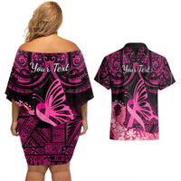 Presonalised Tonga Breast Cancer Awareness Couples Matching Off Shoulder Short Dress and Hawaiian Shirt Pink Ribbon Brave Strong Warrior Tongan Ngatu Pattern - Wonder Print Shop