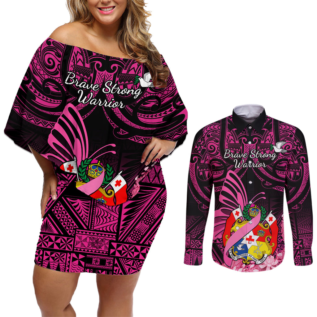 Presonalised Tonga Breast Cancer Awareness Couples Matching Off Shoulder Short Dress and Long Sleeve Button Shirts Pink Ribbon Brave Strong Warrior Tongan Ngatu Pattern - Wonder Print Shop