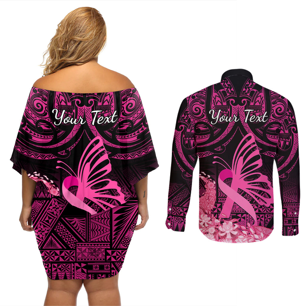 Presonalised Tonga Breast Cancer Awareness Couples Matching Off Shoulder Short Dress and Long Sleeve Button Shirts Pink Ribbon Brave Strong Warrior Tongan Ngatu Pattern - Wonder Print Shop