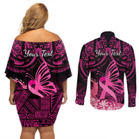 Presonalised Tonga Breast Cancer Awareness Couples Matching Off Shoulder Short Dress and Long Sleeve Button Shirts Pink Ribbon Brave Strong Warrior Tongan Ngatu Pattern - Wonder Print Shop