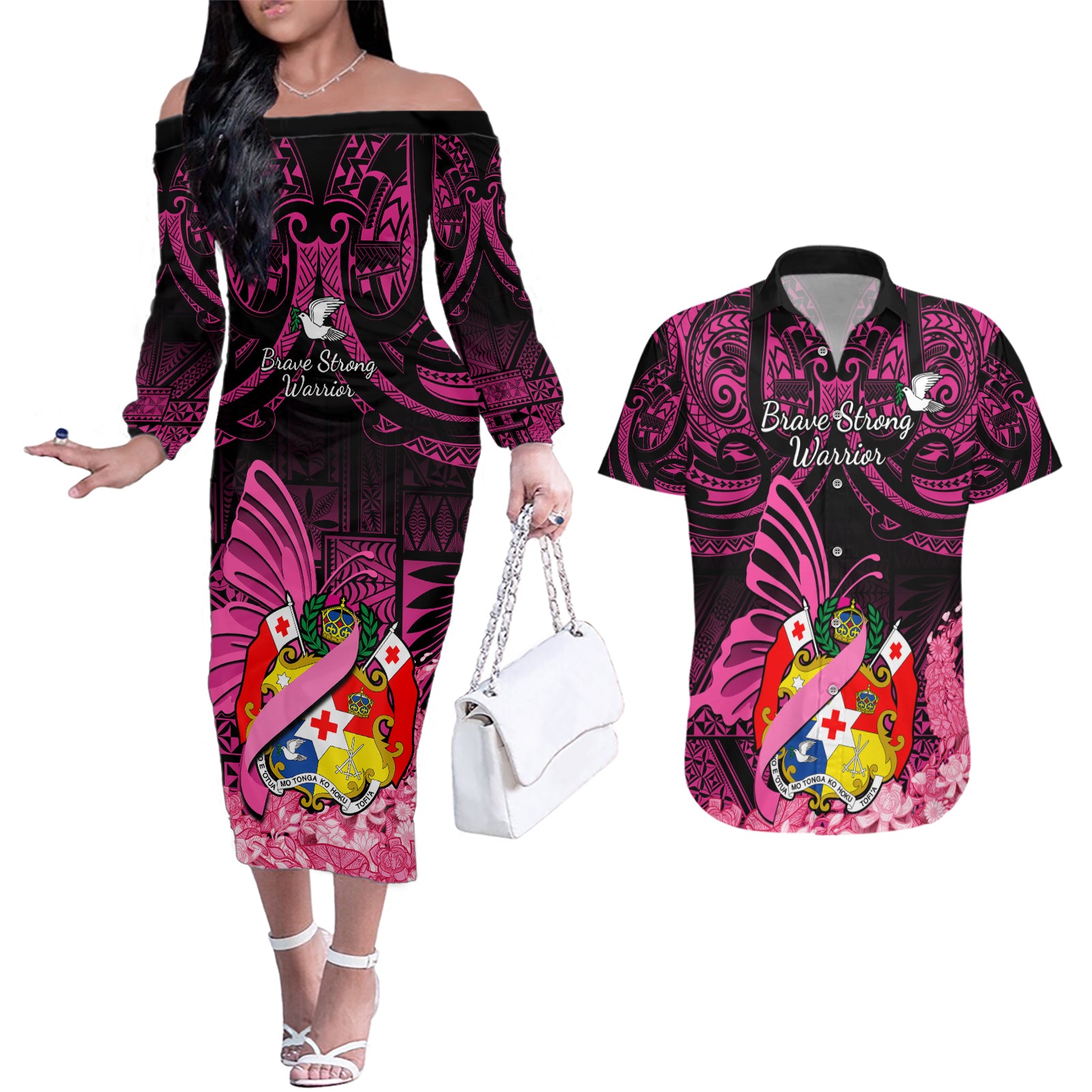 Presonalised Tonga Breast Cancer Awareness Couples Matching Off The Shoulder Long Sleeve Dress and Hawaiian Shirt Pink Ribbon Brave Strong Warrior Tongan Ngatu Pattern - Wonder Print Shop