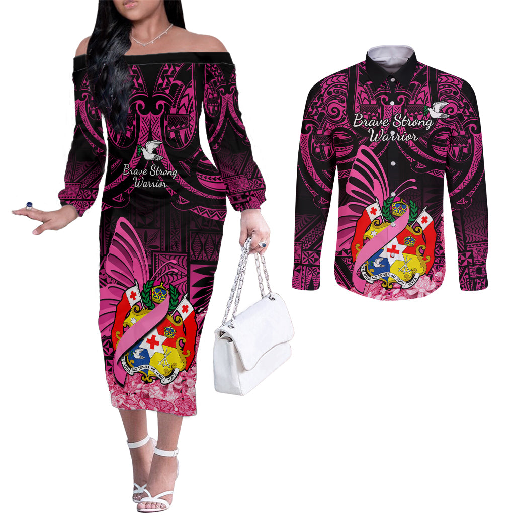 presonalised-tonga-breast-cancer-awareness-couples-matching-off-the-shoulder-long-sleeve-dress-and-long-sleeve-button-shirts-pink-ribbon-brave-strong-warrior-tongan-ngatu-pattern