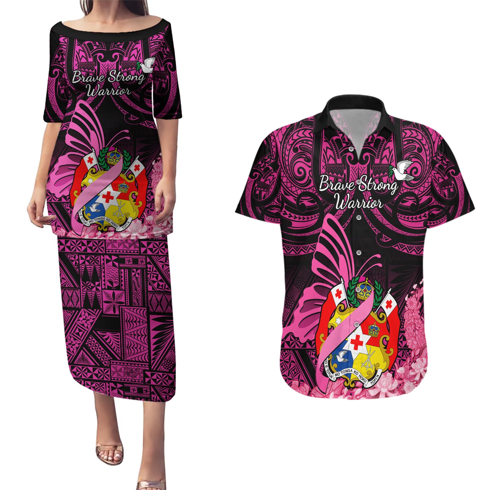 Presonalised Tonga Breast Cancer Awareness Couples Matching Puletasi Dress and Hawaiian Shirt Pink Ribbon Brave Strong Warrior Tongan Ngatu Pattern - Wonder Print Shop