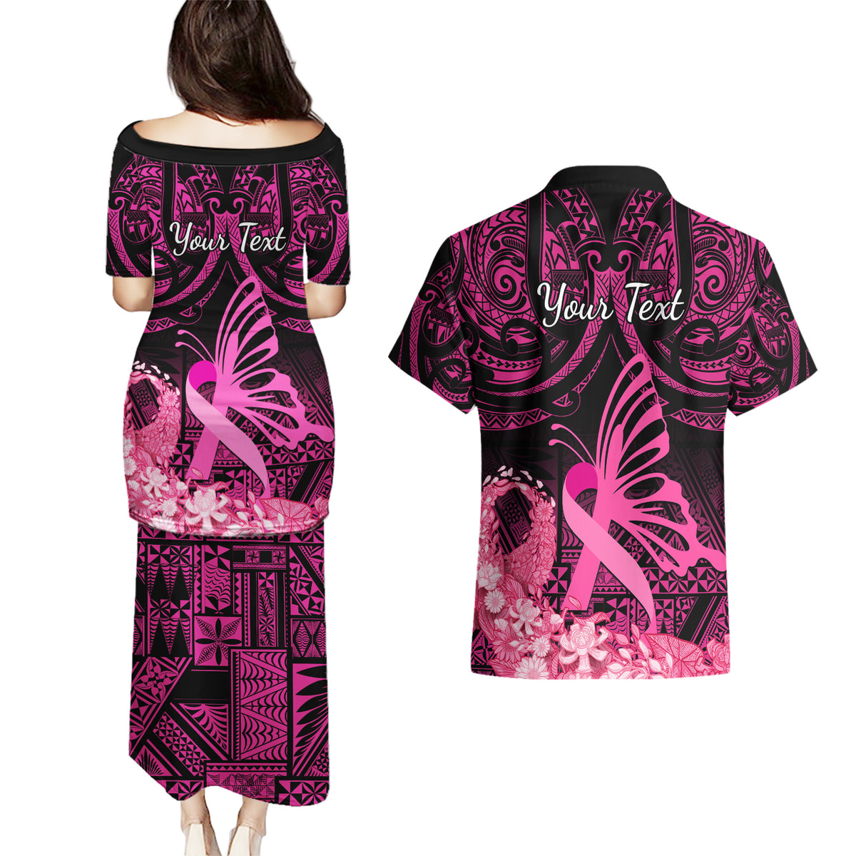 Presonalised Tonga Breast Cancer Awareness Couples Matching Puletasi Dress and Hawaiian Shirt Pink Ribbon Brave Strong Warrior Tongan Ngatu Pattern - Wonder Print Shop