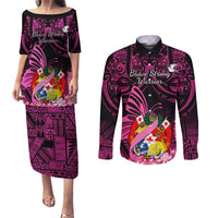 Presonalised Tonga Breast Cancer Awareness Couples Matching Puletasi Dress and Long Sleeve Button Shirts Pink Ribbon Brave Strong Warrior Tongan Ngatu Pattern - Wonder Print Shop