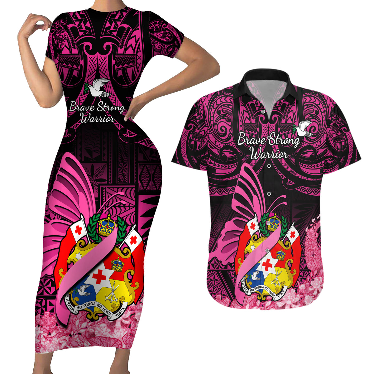 Presonalised Tonga Breast Cancer Awareness Couples Matching Short Sleeve Bodycon Dress and Hawaiian Shirt Pink Ribbon Brave Strong Warrior Tongan Ngatu Pattern - Wonder Print Shop