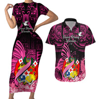 Presonalised Tonga Breast Cancer Awareness Couples Matching Short Sleeve Bodycon Dress and Hawaiian Shirt Pink Ribbon Brave Strong Warrior Tongan Ngatu Pattern - Wonder Print Shop