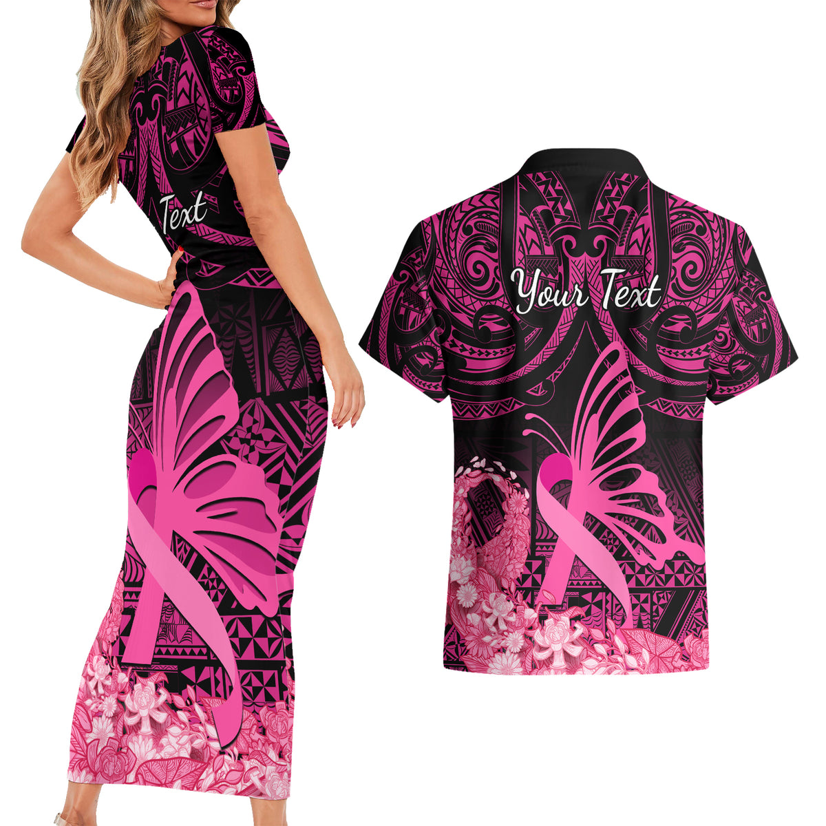 Presonalised Tonga Breast Cancer Awareness Couples Matching Short Sleeve Bodycon Dress and Hawaiian Shirt Pink Ribbon Brave Strong Warrior Tongan Ngatu Pattern - Wonder Print Shop