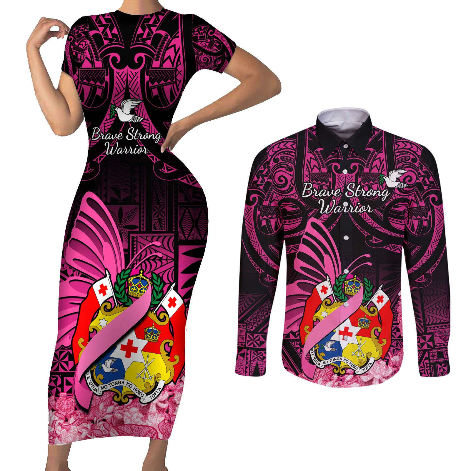 Presonalised Tonga Breast Cancer Awareness Couples Matching Short Sleeve Bodycon Dress and Long Sleeve Button Shirts Pink Ribbon Brave Strong Warrior Tongan Ngatu Pattern - Wonder Print Shop