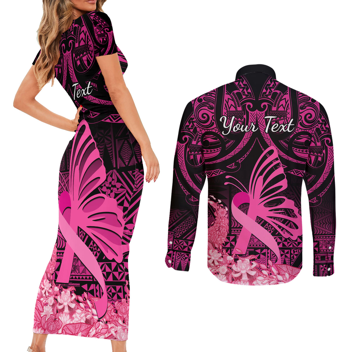 Presonalised Tonga Breast Cancer Awareness Couples Matching Short Sleeve Bodycon Dress and Long Sleeve Button Shirts Pink Ribbon Brave Strong Warrior Tongan Ngatu Pattern - Wonder Print Shop