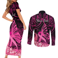Presonalised Tonga Breast Cancer Awareness Couples Matching Short Sleeve Bodycon Dress and Long Sleeve Button Shirts Pink Ribbon Brave Strong Warrior Tongan Ngatu Pattern - Wonder Print Shop