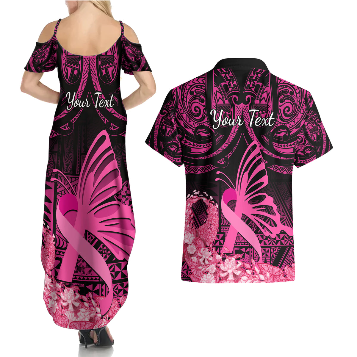 Presonalised Tonga Breast Cancer Awareness Couples Matching Summer Maxi Dress and Hawaiian Shirt Pink Ribbon Brave Strong Warrior Tongan Ngatu Pattern - Wonder Print Shop