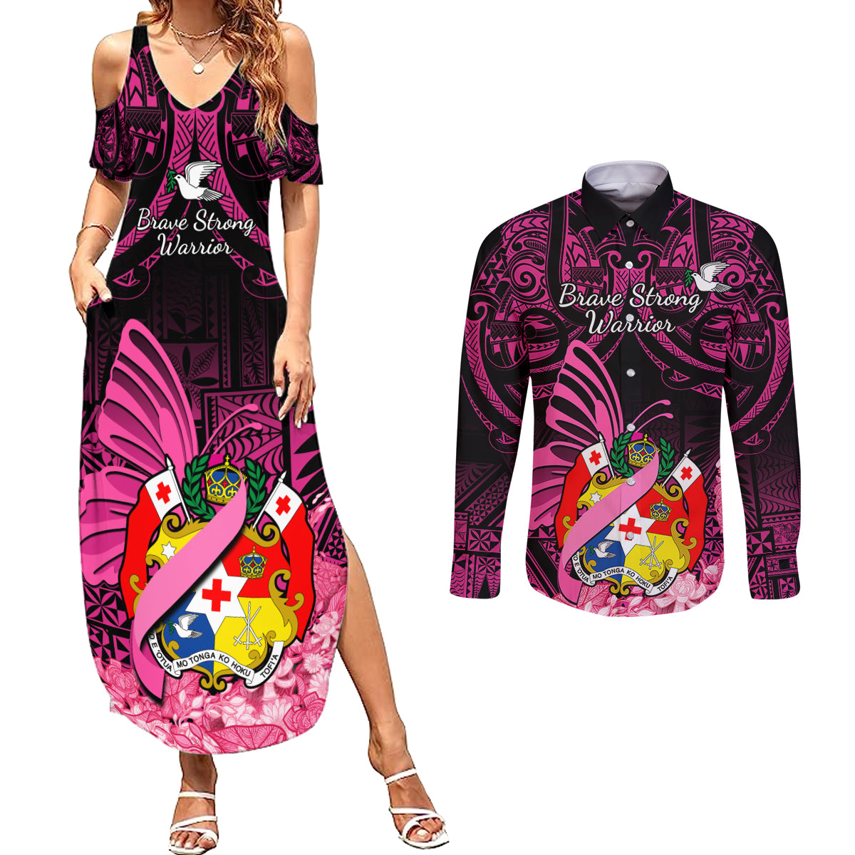 Presonalised Tonga Breast Cancer Awareness Couples Matching Summer Maxi Dress and Long Sleeve Button Shirts Pink Ribbon Brave Strong Warrior Tongan Ngatu Pattern - Wonder Print Shop