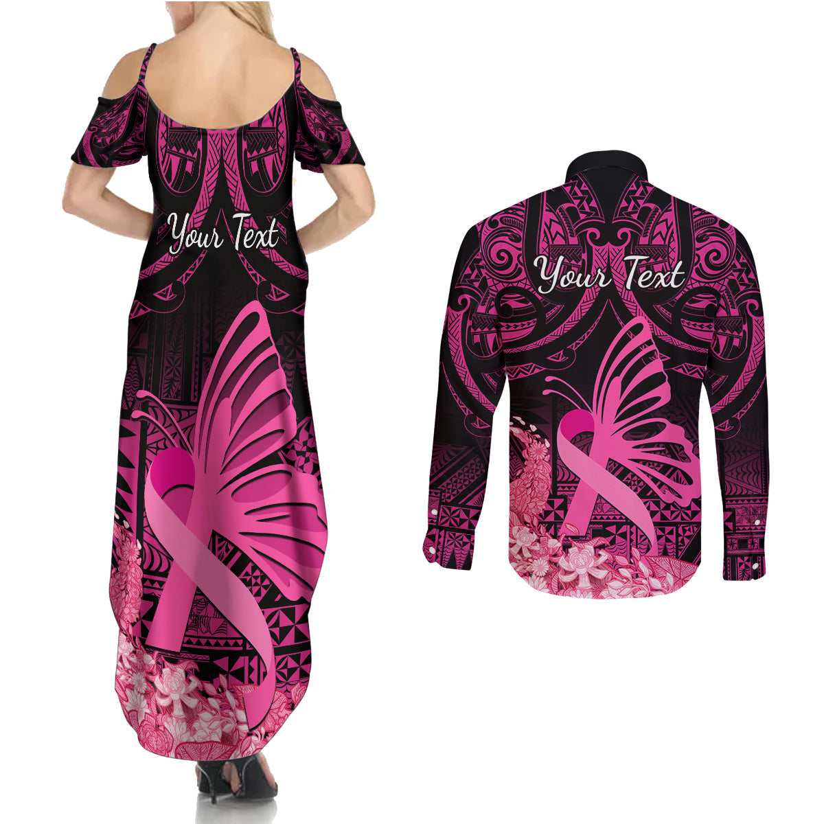 Presonalised Tonga Breast Cancer Awareness Couples Matching Summer Maxi Dress and Long Sleeve Button Shirts Pink Ribbon Brave Strong Warrior Tongan Ngatu Pattern - Wonder Print Shop