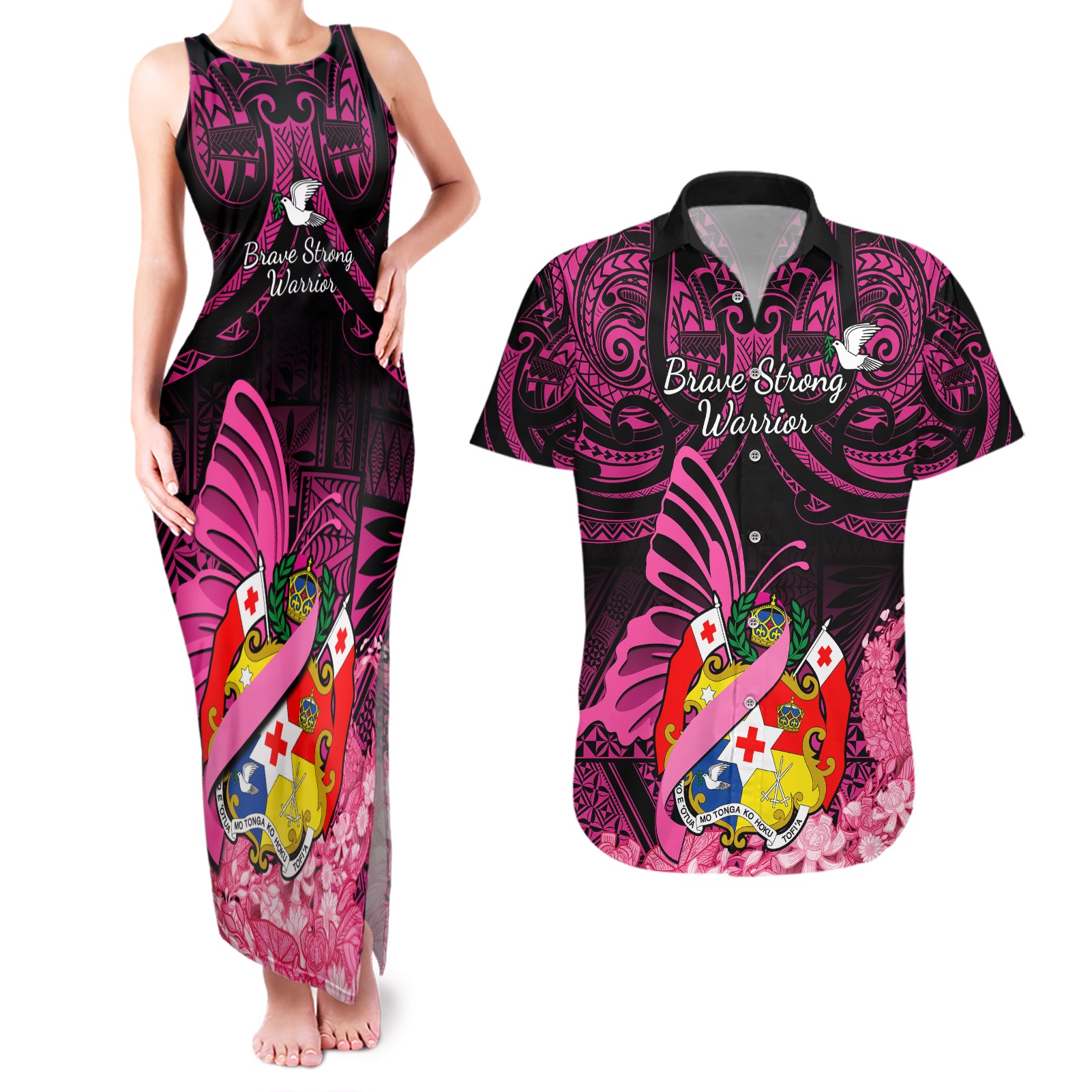 Presonalised Tonga Breast Cancer Awareness Couples Matching Tank Maxi Dress and Hawaiian Shirt Pink Ribbon Brave Strong Warrior Tongan Ngatu Pattern - Wonder Print Shop