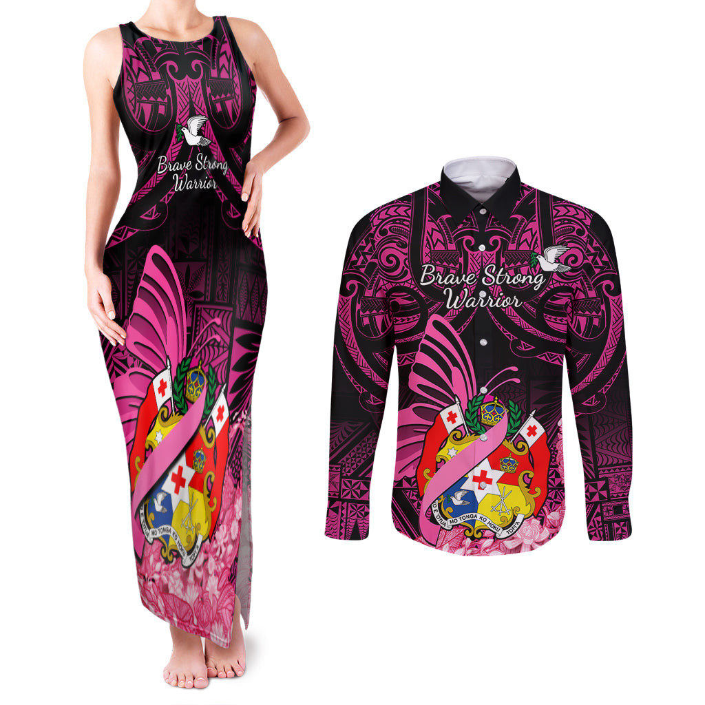 Presonalised Tonga Breast Cancer Awareness Couples Matching Tank Maxi Dress and Long Sleeve Button Shirts Pink Ribbon Brave Strong Warrior Tongan Ngatu Pattern - Wonder Print Shop