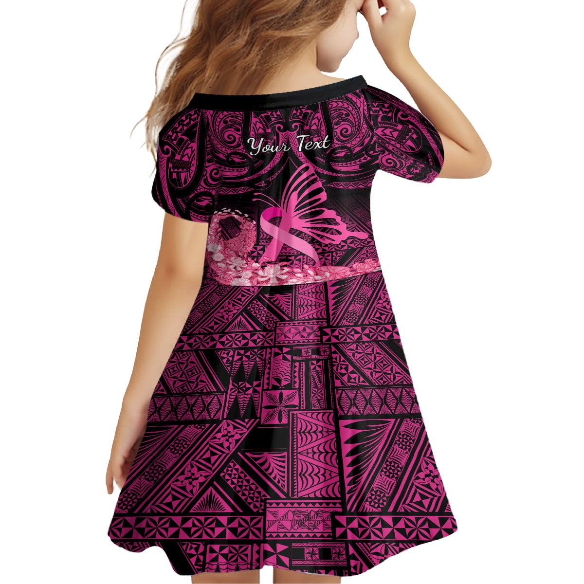 Presonalised Tonga Breast Cancer Awareness Family Matching Long Sleeve Bodycon Dress and Hawaiian Shirt Pink Ribbon Brave Strong Warrior Tongan Ngatu Pattern - Wonder Print Shop