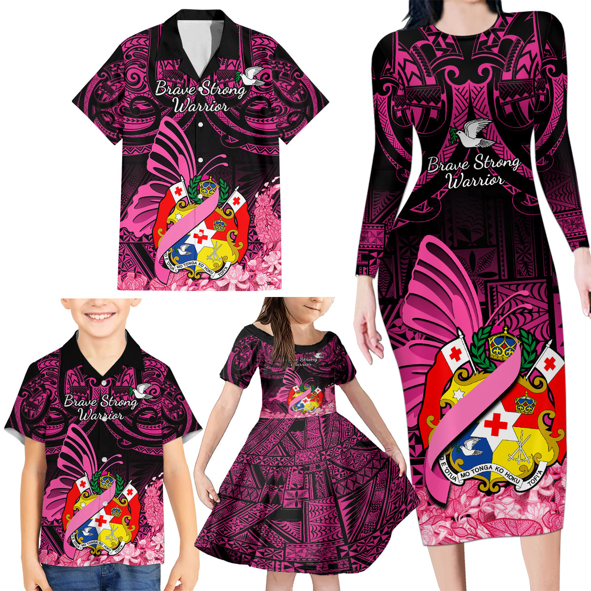 Presonalised Tonga Breast Cancer Awareness Family Matching Long Sleeve Bodycon Dress and Hawaiian Shirt Pink Ribbon Brave Strong Warrior Tongan Ngatu Pattern - Wonder Print Shop