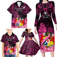 Presonalised Tonga Breast Cancer Awareness Family Matching Long Sleeve Bodycon Dress and Hawaiian Shirt Pink Ribbon Brave Strong Warrior Tongan Ngatu Pattern - Wonder Print Shop