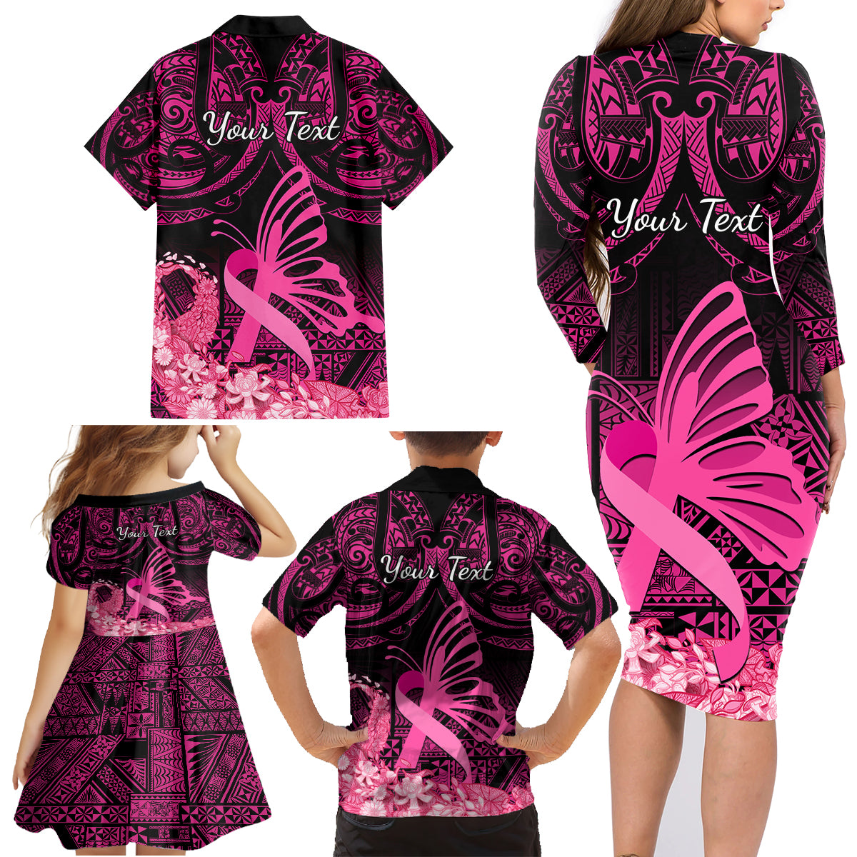 Presonalised Tonga Breast Cancer Awareness Family Matching Long Sleeve Bodycon Dress and Hawaiian Shirt Pink Ribbon Brave Strong Warrior Tongan Ngatu Pattern - Wonder Print Shop