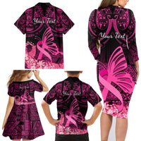 Presonalised Tonga Breast Cancer Awareness Family Matching Long Sleeve Bodycon Dress and Hawaiian Shirt Pink Ribbon Brave Strong Warrior Tongan Ngatu Pattern - Wonder Print Shop
