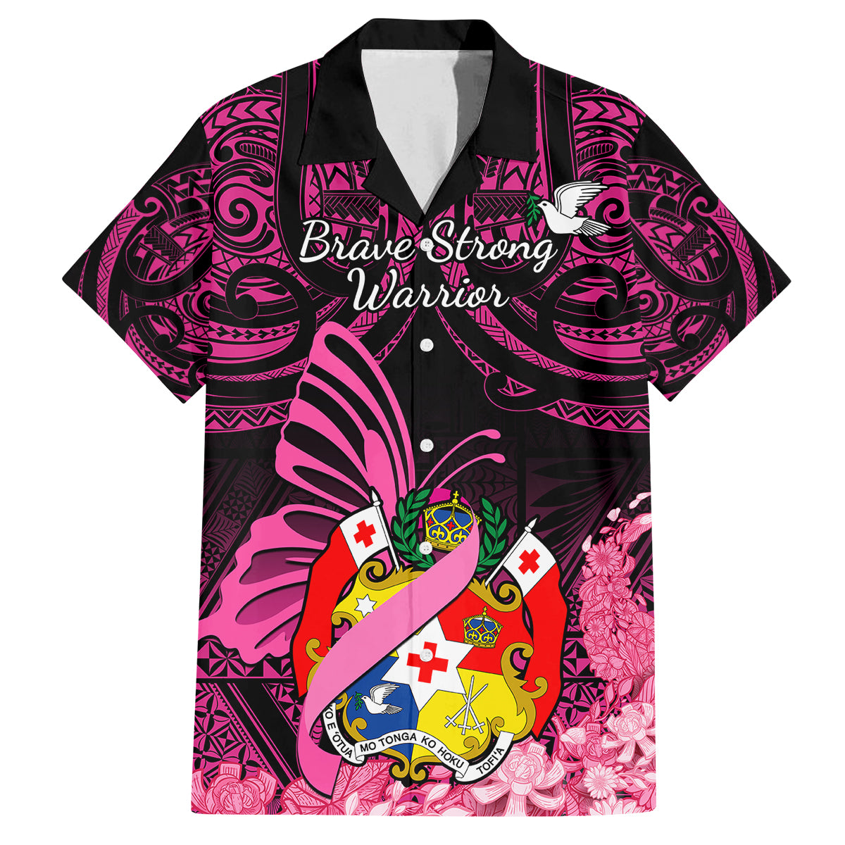Presonalised Tonga Breast Cancer Awareness Family Matching Long Sleeve Bodycon Dress and Hawaiian Shirt Pink Ribbon Brave Strong Warrior Tongan Ngatu Pattern - Wonder Print Shop