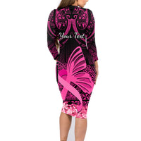 Presonalised Tonga Breast Cancer Awareness Family Matching Long Sleeve Bodycon Dress and Hawaiian Shirt Pink Ribbon Brave Strong Warrior Tongan Ngatu Pattern - Wonder Print Shop