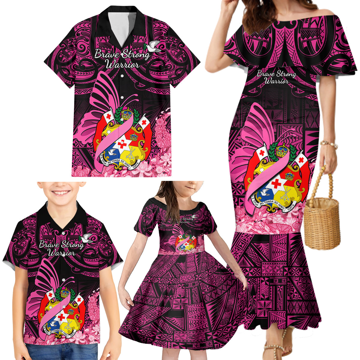 Presonalised Tonga Breast Cancer Awareness Family Matching Mermaid Dress and Hawaiian Shirt Pink Ribbon Brave Strong Warrior Tongan Ngatu Pattern - Wonder Print Shop