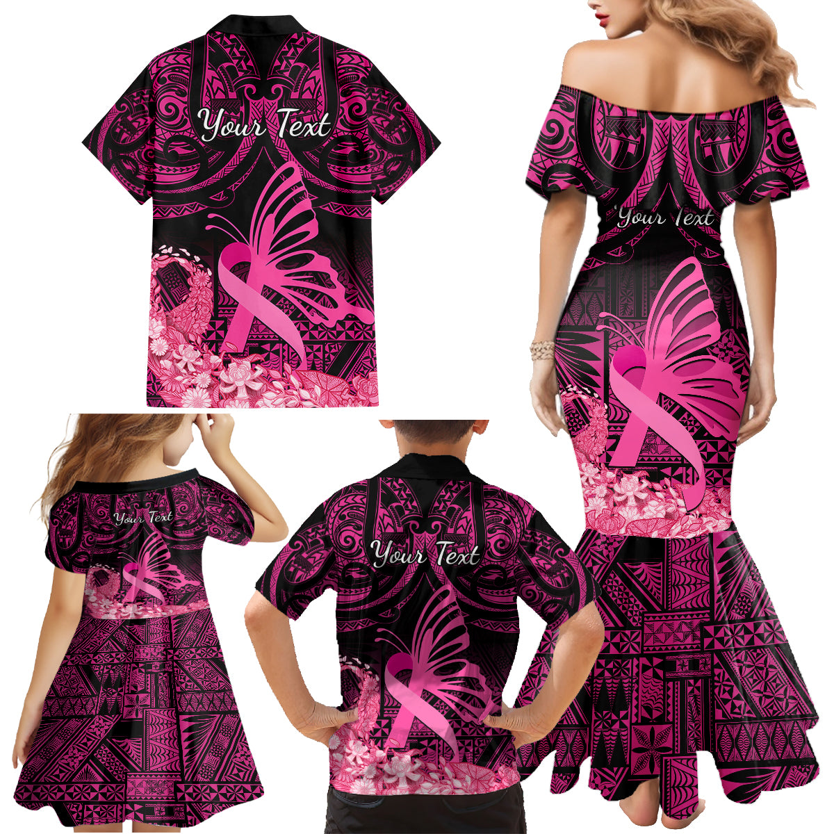 Presonalised Tonga Breast Cancer Awareness Family Matching Mermaid Dress and Hawaiian Shirt Pink Ribbon Brave Strong Warrior Tongan Ngatu Pattern - Wonder Print Shop