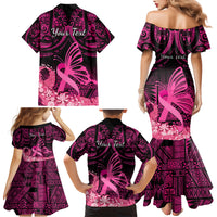 Presonalised Tonga Breast Cancer Awareness Family Matching Mermaid Dress and Hawaiian Shirt Pink Ribbon Brave Strong Warrior Tongan Ngatu Pattern - Wonder Print Shop